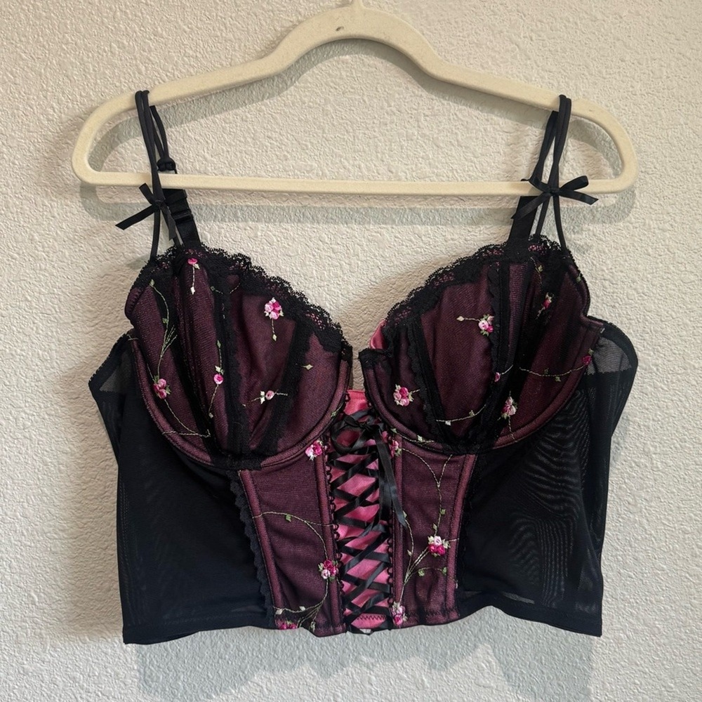 Enchanted Womens Corset Bustier 42D Burgundy Floral Lace Up Mesh Whimsigoth